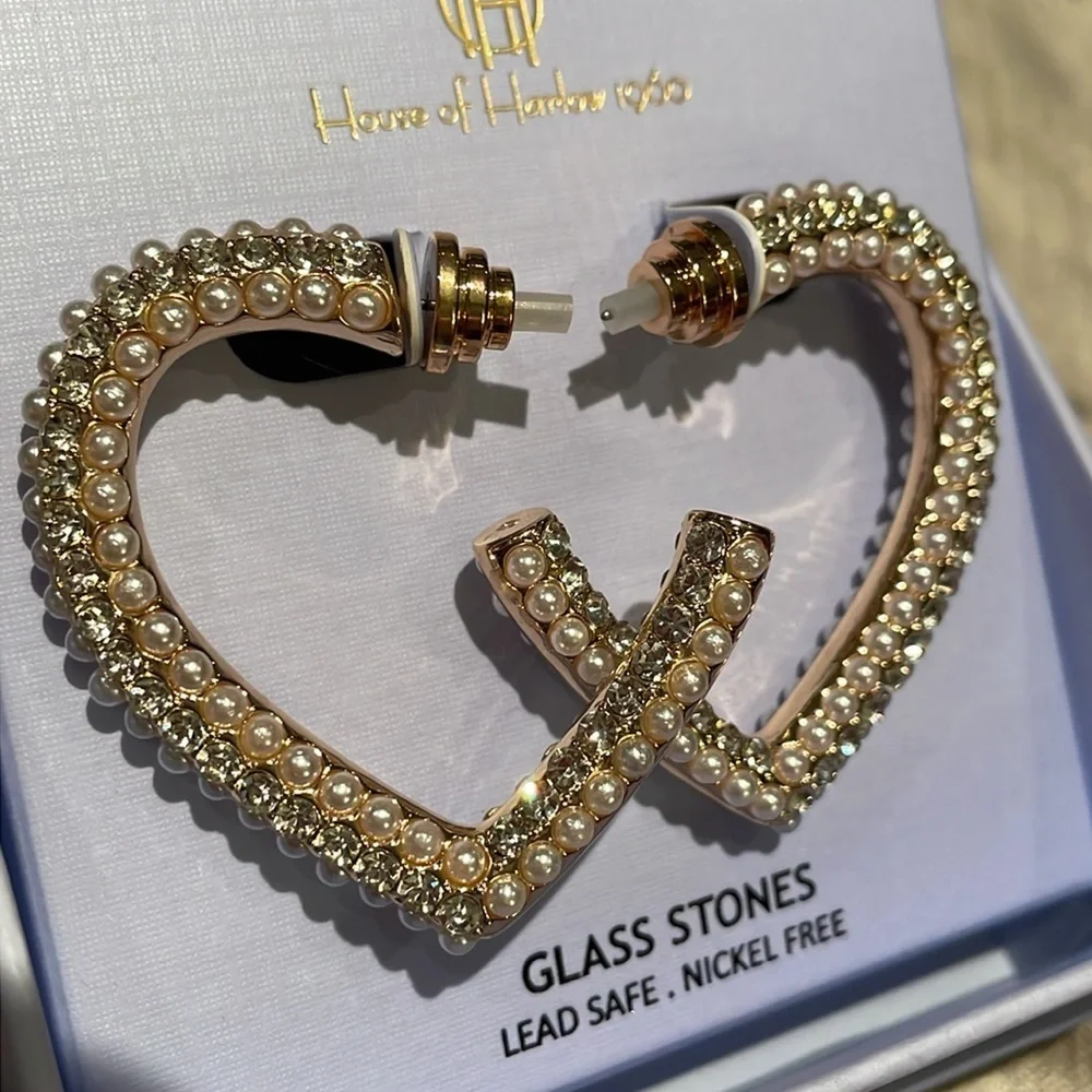 House Of Harlow 1960 Pearl & Glass Open Heart Earrings New In Box